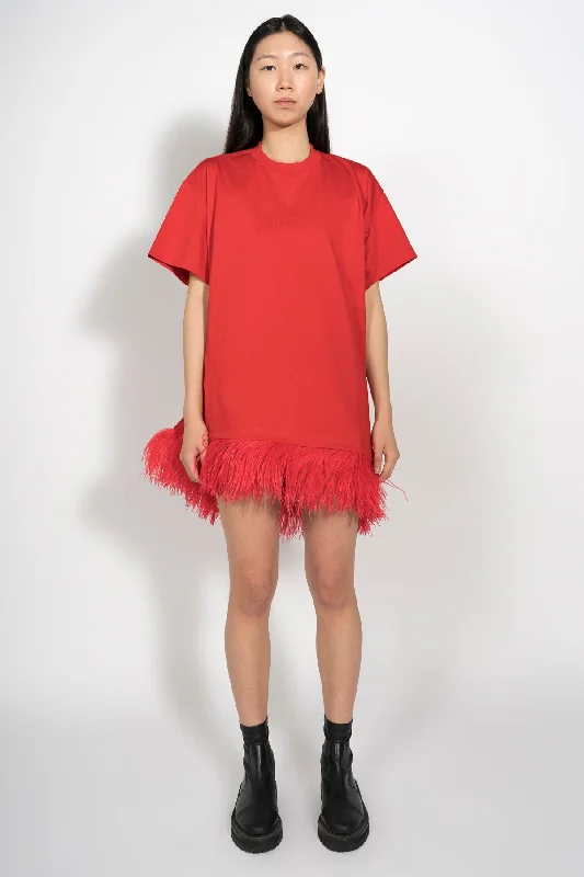 RED FEATHER HEM T-SHIRT DRESS