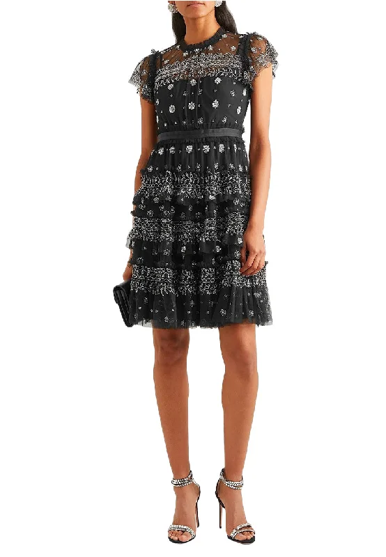 Black Andromeda Short Sleeves Embellished Tiered Mini Dress