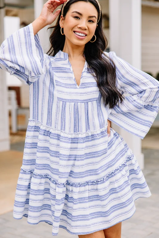 All The Above Blue Striped Tiered Dress