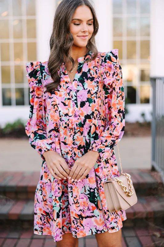 At This Time Fuchsia Pink Floral L/S Dress