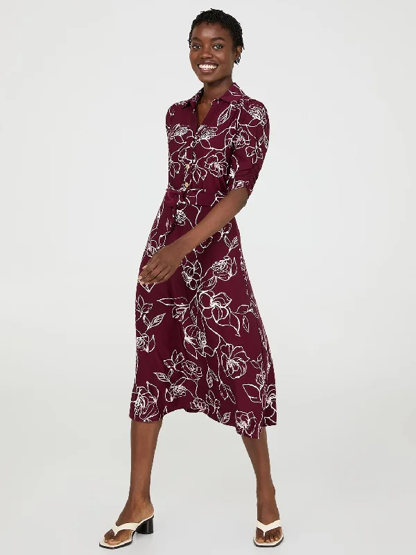 Floral Print Button-Front Midi Dress With Pockets