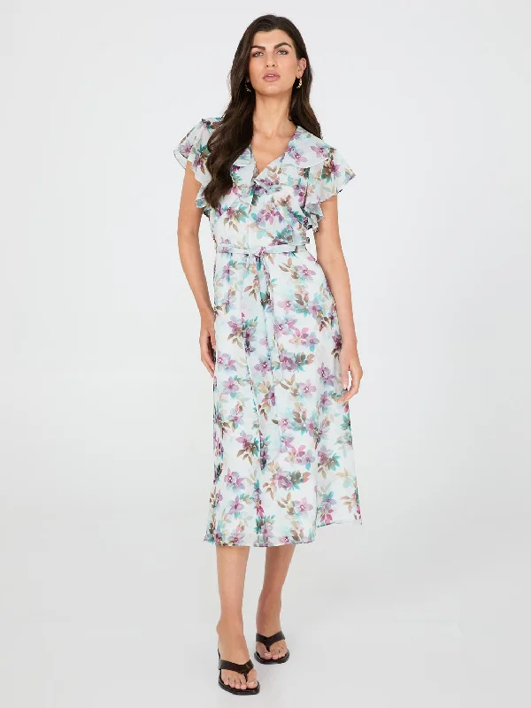 Floral Print Chiffon Midi Dress With Ruffle Details