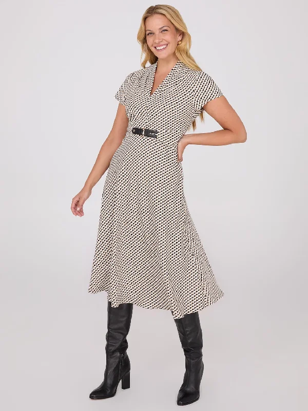 Geo Print Shawl Collar Belted Midi Dress