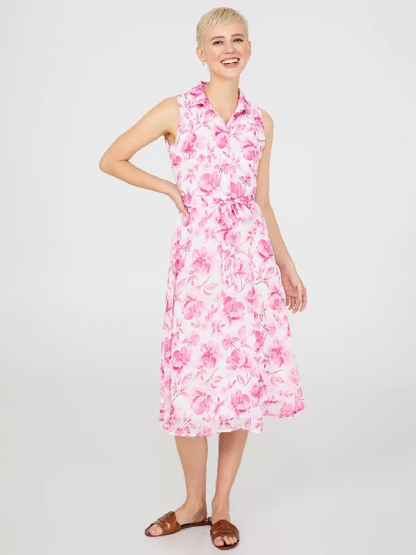 Sleeveless Chiffon Printed Button-Front Midi Dress