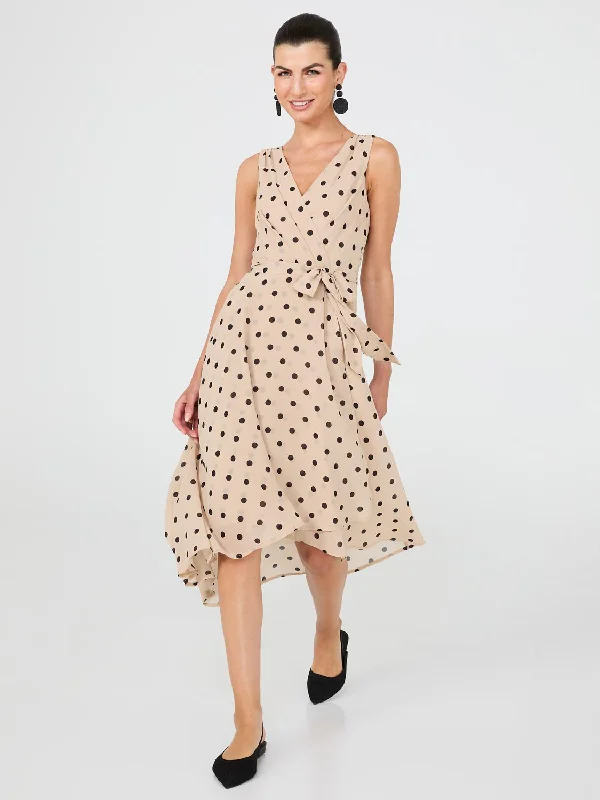 Dot Print Crossover Chiffon Midi Dress