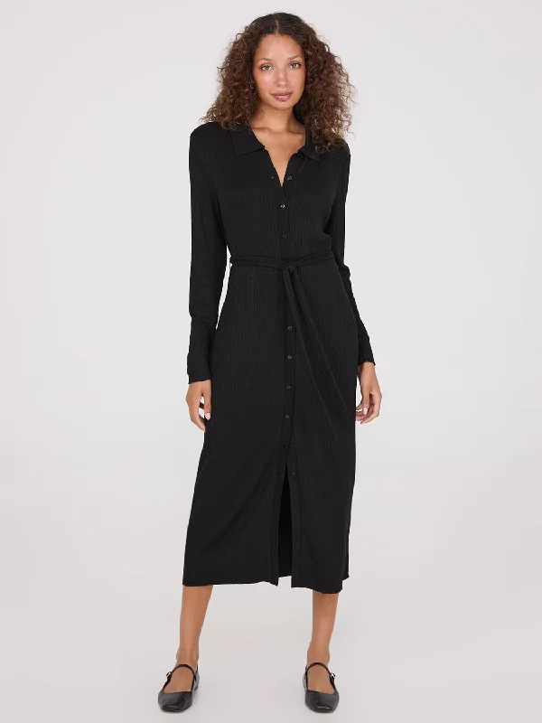 Ribbed Button-Front Midi Dress