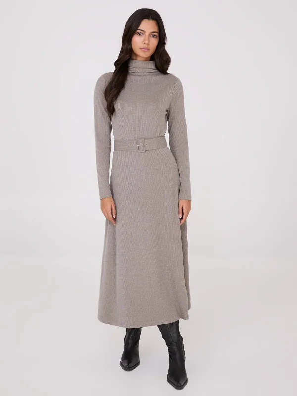 Mock Neck Belted Melange Midi Dress