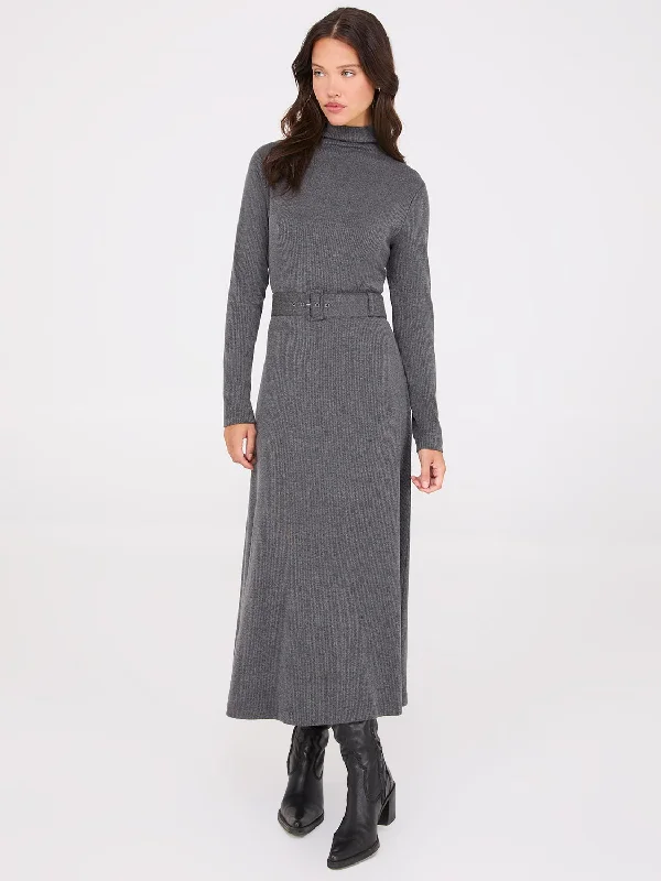 Mock Neck Belted Melange Midi Dress