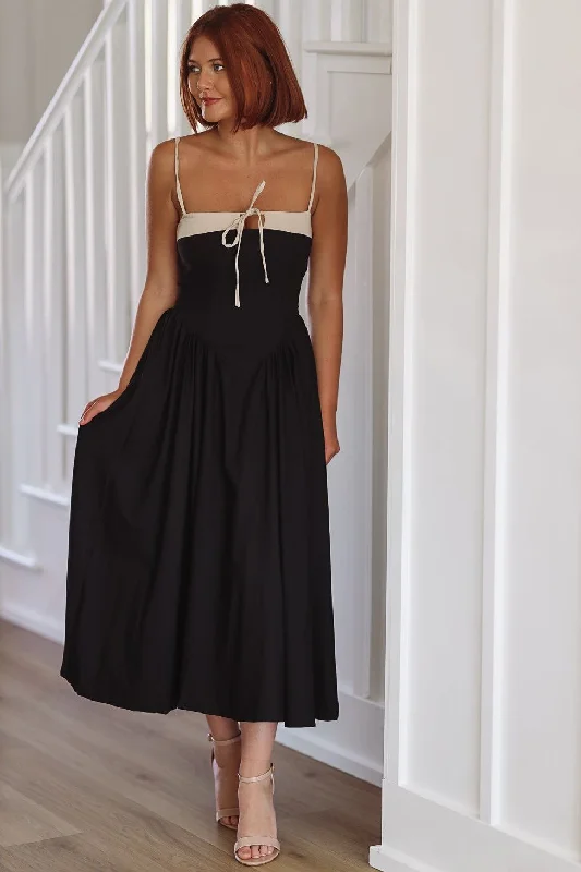 Corset Pleated Midi Dress - Black and Cream