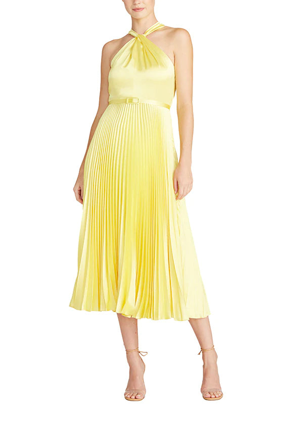 Crossover Neckline Satin Midi Dress - Lemon