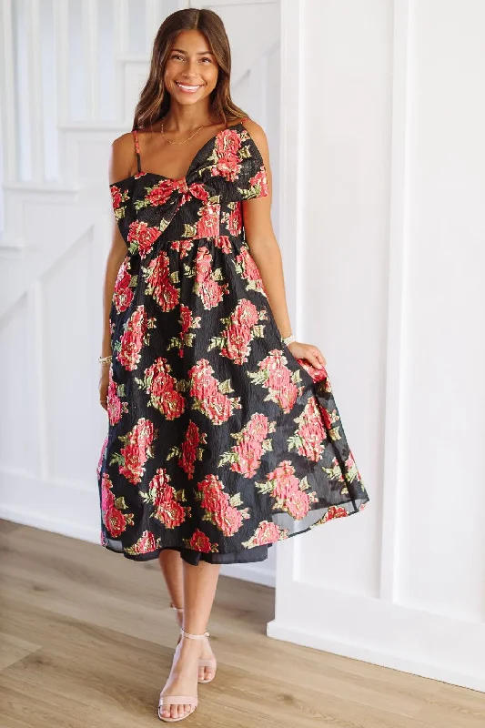 Scarlett Blossom Midi Dress - Black and Fuchsia