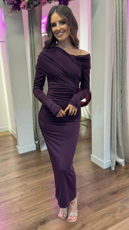 Sheridan Purple Off Shoulder Wrap Effect Midi Dress