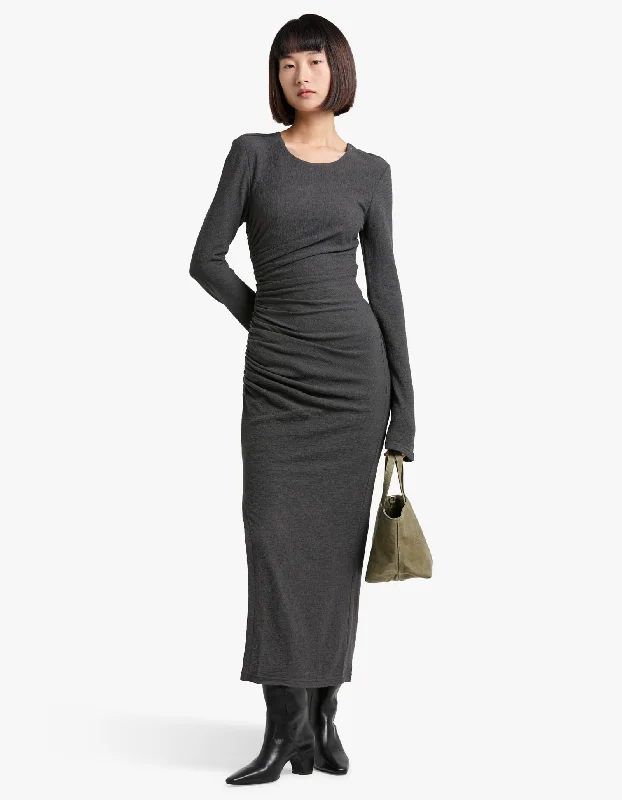 Beau Gathered Long Sleeve Midi Dress - Dark Ash