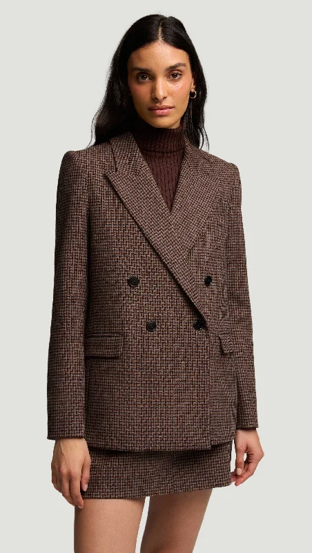 Peak Lapel Blazer in Viscose Blend | Brown/Camel Houndstooth